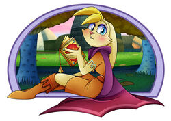  5_fingers 8-bit-britt activision anthro bianca_(spyro) big_ears birch birch_tree blonde_eyebrows blonde_hair blue_eyes blush book boots border breasts brown_boots brown_clothing brown_dress brown_footwear cape castle cheek_tuft cloak clothed clothed_anthro clothed_female clothing detailed detailed_background dress ears_back ears_down eyebrows eyeshadow facial_tuft female fingers footwear forest forest_background fur grass green_grass hair head_tuft holding_book holding_object lagomorph leporid long_boots long_ears looking_at_viewer makeup mammal medium_breasts monotone_body monotone_fur mountain nature nature_background outside pink_nose pivoted_ears plant purple_border purple_cape purple_cloak purple_eyeshadow rabbit reading reading_book shy simple_background sitting sitting_on_ground solo spyro_the_dragon surprised_expression teeth tree tuft video_games white_background yellow_body yellow_ears yellow_face yellow_fur yellow_hands yellow_leaves yellow_legs 