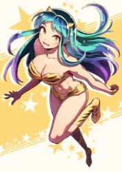  :d bare_shoulders bikini boots breasts cleavage collarbone commentary_request female full_body gradient_hair green_hair highres horns kuroi_susumu large_breasts long_hair looking_at_viewer lum multicolored_hair navel open_mouth pointy_ears print_bikini print_footwear purple_hair smile solo swimsuit thighs urusei_yatsura yellow_bikini yellow_eyes yellow_footwear yellow_horns 