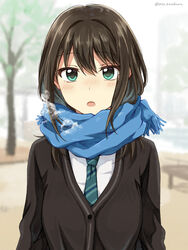  black_hair blue_scarf blurry blurry_background blush breath cardigan dress_shirt enpera female highres idolmaster idolmaster_cinderella_girls long_hair long_sleeves looking_at_viewer necktie open_mouth outdoors scarf school_uniform setu_kurokawa shibuya_rin shirt solo striped striped_necktie tree twitter_username upper_body white_shirt 