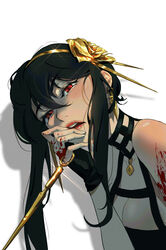  bare_shoulders black_dress black_hair blood blood_on_arm blood_on_hands blood_on_weapon blush breasts cleavage dagger dress earrings female flower gold gold_earrings gold_hairband hair_between_eyes hair_flower hair_ornament hairband highres holding holding_dagger holding_knife holding_weapon jewelry knife large_breasts looking_at_viewer open_mouth qi_mang_(qimang) red_eyes rose sidelocks solo spy_x_family weapon white_background yor_briar 