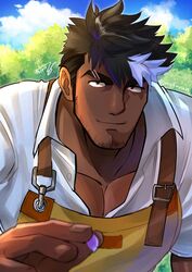  1boy absurdres apron bara black_hair blue_sky dark-skinned_male dark_skin eyebrow_cut facial_hair highres kageru_(mofnyan) large_pectorals lilac_(live_a_hero) live_a_hero looking_at_viewer male_focus multicolored_hair muscular muscular_male outdoors partially_unbuttoned pectoral_cleavage pectorals purple_eyes purple_hair shirt sideburns sky solo streaked_hair thick_eyebrows twitter_username two-tone_hair upper_body white_shirt 