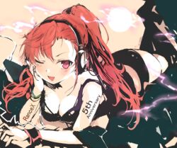  agulo anniversary arm_support breasts cleavage female full_body head_on_hand headphones highres long_hair looking_at_viewer lying oerba_yun_fang off_shoulder on_stomach one_eye_closed open_mouth ponytail rance_(series) rance_10 red_eyes red_hair satella shadow solo 