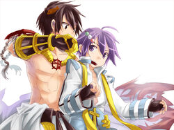  2boys arch_bishop_(ragnarok_online) belt black_belt black_gloves blue_coat brown_eyes brown_hair clothes_around_waist coat commentary_request cropped_jacket cross cross_necklace dango_hair_ornament fingerless_gloves flame_print food food-themed_hair_ornament gauntlets gloves hair_ornament hand_on_another&#039;s_waist jacket jewelry kiri_nada long_sleeves looking_at_another male_focus multiple_boys necklace open_mouth pants purple_eyes purple_hair ragnarok_online shirt shirt_around_waist short_hair simple_background sura_(ragnarok_online) taiyaki toned toned_male topless_male upper_body wagashi white_background white_jacket white_pants white_shirt 