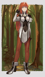  absurdres black_gloves blue_eyes breasts brown_hair brown_pantyhose commentary_request elhaym_van_houten female gloves hand_up highres long_hair looking_at_viewer machibari2 medium_breasts outdoors pantyhose solo standing very_long_hair xenogears 