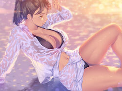  a.x. bikini black_bikini breasts brown_hair cleavage female large_breasts lips long_sleeves looking_afar navel original ponytail see-through sitting sunset swimsuit water wet wet_clothes 