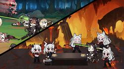  &gt;_&lt; 6+girls aat-52_(girls&#039;_frontline) ahoge animal_ears arm_garter bamboo black_hair black_skirt blonde_hair blunt_bangs cerberus_(helltaker) chibi closed_mouth crepe crossed_arms crossover cup demon_girl demon_horns demon_tail dog_ears dreamer_(girls&#039;_frontline) food girls&#039;_frontline glass gloves glowing glowing_eye green_hair gun hat helltaker highres holding holding_cup holding_gun holding_weapon horns korean_commentary lava long_hair lucifer_(helltaker) lying m3_(girls&#039;_frontline) malina_(helltaker) mole mole_under_eye multiple_girls ntw-20_(girls&#039;_frontline) on_back on_stomach open_mouth pink_hair red_eyes sangvis_ferri saru_(style) short_hair simonov_(girls&#039;_frontline) sitting skirt standing tail the_mad_mimic triplets waistcoat weapon white_gloves white_hair 