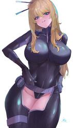  bangs belt blonde_hair blue_eyes bodysuit breasts covered_nipples female hair_between_eyes heart kataku_musou large_breasts leotard long_hair looking_at_viewer nancy_lee ninja_slayer one_eye_closed open_clothes pose revealing_clothes sexually_suggestive signature simple_background skin_tight smile solo white_background 