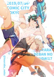  2boys bakugou_katsuki black_tank_top blonde_hair blue_shorts boku_no_hero_academia dual_wielding dutch_angle green_eyes green_hair holding holding_water_gun looking_at_another male_focus maneki-neko_(fujifuji) midoriya_izuku multiple_boys open_clothes open_shirt orange_shorts scar scar_on_hand see-through see-through_shirt shirt shorts smile spiked_hair tank_top twitter_username water water_gun white_background white_shirt 