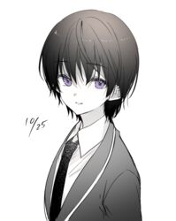  blazer closed_mouth collared_shirt commentary_request dated female gakuen_alice hair_between_eyes highres imai_hotaru jacket looking_at_viewer monochrome necktie ouri_(aya_pine) purple_eyes school_uniform shirt simple_background smile solo upper_body white_background 