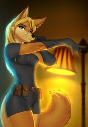  2021 5_fingers absurd_res anthro blonde_hair blue_eyes breasts canid canine clothed clothing digital_media_(artwork) eyebrows eyelashes female fingers fox fur gloves hair handwear hi_res jennifer_sherwood mammal mykegreywolf orange_body orange_fur solo standing vigilante 