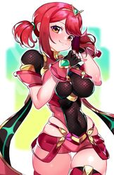  alternate_hairstyle breasts female gloves highres large_breasts pyra_(xenoblade) red_eyes red_hair short_hair short_twintails shorts skindentation solo twintails twintails_day xenoblade_chronicles_(series) xenoblade_chronicles_2 yagi_(kyuhyun) 