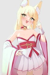  :d animal_ear_fluff animal_ears bare_shoulders bell blonde_hair blue_background blush breasts detached_sleeves female fox_ears hand_on_own_hip long_hair neck_bell open_mouth original pleated_skirt simple_background skeptycally skirt smile solo yellow_eyes 