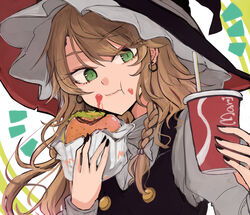  :t bitten black_hat black_nails blonde_hair braid burger cup disposable_cup earrings eating eyelashes female food food_on_face green_eyes hair_ribbon hat highres holding hoop_earrings jewelry kirisame_marisa long_hair long_sleeves looking_at_viewer necro_(nekurodayo) ribbon side_braid slit_pupils solo touhou upper_body witch_hat 