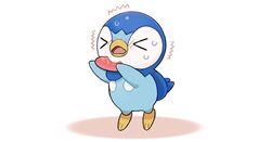  &gt;_&lt; blush closed_eyes commentary_request eating full_body holding no_humans official_art open_mouth piplup poffin pokemon pokemon_(creature) project_pochama solo spicy sweat tiptoes toes tongue trembling white_background 