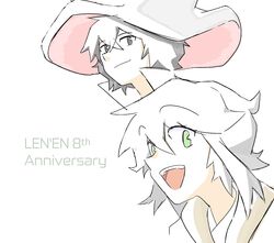  2others androgynous anniversary black_eyes black_hair enraku_tsubakura gradient_ray grey_eyes grey_hair hat highres houlen_yabusame large_hat len&#039;en multiple_others other_focus short_hair short_hair_with_long_locks smile top_hat 