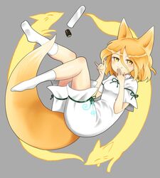  animal_ears blonde_hair blush breasts closed_mouth commentary_request corked_bottle female fox fox_ears fox_girl fox_shadow_puppet fox_tail full_body green_ribbons grey_background highres kudamaki_tsukasa mandarin_collar olf_factory ribbon romper short_hair simple_background small_breasts smile socks solo tail test_tube touhou white_romper white_socks 