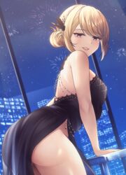  absurdres aerial_fireworks ass azur_lane black_dress blonde_hair cityscape cowboy_shot dress english_commentary evening_gown female fireworks from_side hair_ornament highres legs looking_at_viewer no_panties official_alternate_costume prince_of_wales_(a_knight&#039;s_song_a_lady&#039;s_night)_(azur_lane) prince_of_wales_(azur_lane) pumpkinpaii red_eyes side_slit thighs window 