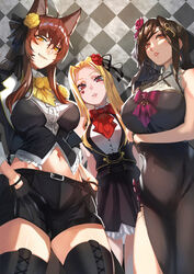  3girls animal_ears arm_under_breasts ascot bare_shoulders belt black_belt black_dress black_gloves black_legwear black_ribbon black_shorts black_skirt black_vest blonde_hair boots boutonniere bow breasts brown_hair center_frills checkered_background collared_dress collared_shirt corset covered_navel dress facial_mark flower flutoitoi fox_ears frills fumi_(4th_costume)_(nijisanji) fumi_(nijisanji) gloves grin hair_between_eyes hair_flower hair_ornament hair_ribbon heart highres large_breasts long_hair long_sleeves looking_at_viewer luis_cammy luis_cammy_(4th_costume) midriff miniskirt mole mole_under_mouth multiple_girls murechika navel nijisanji official_alternate_costume parted_lips petticoat pink_lips pleated_skirt purple_bow purple_flower red_bow red_eyes red_flower red_rose ribbon rose shirayuki_tomoe shirayuki_tomoe_(3rd_costume) shirt shorts side_slit skirt skirt_set sleeveless sleeveless_dress smile thigh_boots thighhighs thighs vest virtual_youtuber white_shirt yellow_ascot yellow_bow yellow_eyes yellow_flower yellow_rose 