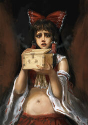  amibazh ascot black_background bow box brown_ascot brown_background brown_eyes brown_hair collar commentary_request crop_top dark_background detached_sleeves donation_box drooling faux_traditional_media female fine_art_parody frilled_bow frills greek_mythology hair_tubes hairbow hakurei_reimu long_hair messy_hair midriff navel nontraditional_miko parody red_bow red_shirt red_skirt reference_request ribbon-trimmed_sleeves ribbon_trim shirt sidelocks skirt skirt_set sleeveless solo steam sweat texture touhou white_collar 