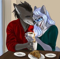  2023 5_fingers anthro artificer_(voriof1) beverage black_hair blue_eyes bread breakfast canid canine canis cinnameana clothing coffee coffee_mug croissant duo eyewear female fingers food fur furniture glasses green_clothing green_shirt green_topwear grey_body grey_fur hair hi_res holding_coffee_mug husband_and_wife looking_at_another male male/female mammal marcus_ricci married_couple open_mouth pastry plate red_clothing red_shirt red_topwear ring_(jewelry) shirt silver_hair steam table topwear wearing_glasses wolf 