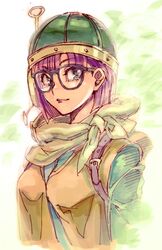  breasts chrono_trigger closed_mouth female glasses helmet kin_mokusei looking_at_viewer lucca_ashtear purple_hair scarf short_hair smile solo 