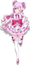  angers_(lapis_re:lights) blue_eyes dress female gloves hair_ornament highres lace-trimmed_legwear lace_trim lapis_re:lights long_hair looking_at_viewer neck_ribbon official_art one_eye_closed open_mouth pink_footwear pink_hair ribbon solo standing standing_on_one_leg teeth thighhighs transparent_background two_side_up u35 upper_teeth_only v white_dress white_gloves white_thighhighs 