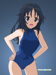  artist_name blue_background blue_eyes blue_hair blue_one-piece_swimsuit commentary cowboy_shot dated eyes_visible_through_hair female freckles girls_und_panzer halterneck hands_on_own_hips highres leaning_forward long_hair looking_at_viewer naotosi one-piece_swimsuit open_mouth school_swimsuit smile solo swimsuit yamagou_ayumi 