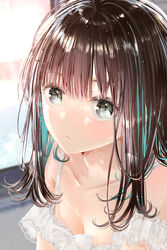  akasaka_asa blue_hair breasts brown_hair cleavage closed_mouth collarbone colored_inner_hair female grey_eyes highres long_hair multicolored_hair original small_breasts solo straight_hair sunlight two-tone_hair upper_body 