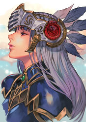  armor blue_eyes breastplate female from_side grey_hair half-closed_eyes hungry_clicker lenneth_valkyrie long_hair parted_lips pauldrons profile shoulder_armor solo upper_body valkyrie_profile_(series) visor_(armor) 