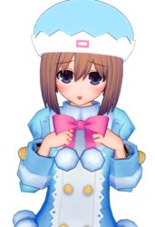  3d blue_coat blue_eyes bow bowtie brown_hair coat female fur-trimmed_coat fur_trim hand_up happy hat highres istalo koikatsu_(medium) looking_at_viewer medium_hair neptune_(series) pink_bow pink_bowtie pom_pom_(clothes) rom_(neptunia) smile solo upper_body 