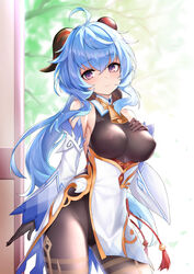  ahoge ass_visible_through_thighs bare_shoulders bell black_gloves black_leotard black_pantyhose blue_hair blush bodystocking bow breasts cameltoe chinese_knot commentary detached_sleeves ehart female flower_knot ganyu_(genshin_impact) genshin_impact gloves goat_horns groin hand_on_own_chest horns leotard leotard_under_clothes light_blue_hair light_smile long_hair looking_at_viewer low_ponytail medium_breasts neck_bell paid_reward_available pantyhose pelvic_curtain purple_eyes sidelocks solo standing tassel thigh_gap thighlet thighs very_long_hair waist_cape white_sleeves wide_sleeves 