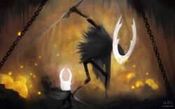  2017 ambiguous_gender animal_humanoid ari_ibarra arthropod arthropod_humanoid billowing_cape cape cape_only cave chains clothing detailed_background digital_media_(artwork) digital_painting_(artwork) duo empty_eyes featureless_crotch featureless_feet feet fight fighting_pose game_background glowing glowing_eyes grey_cape grey_clothing hi_res holding_object holding_weapon hollow_knight hollow_knight_(character) horn humanoid infected infected_(species) insect_humanoid insects larger_ambiguous mostly_nude nail_(weapon) orange_smoke particles pose size_difference skinny smaller_ambiguous smoke team_cherry text the_infection_(hollow_knight) the_knight_(hollow_knight) torn_cape torn_clothing url weapon yellow_glow 