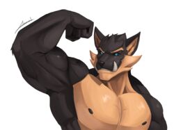  abs absurd_res adrovmike anthro biceps biceptember black_body black_fur black_sclera blue_eyes canid canine canis digital_media_(artwork) fur hair hi_res male mammal muscular muscular_anthro muscular_male nipples pecs simple_background smile solo tusks white_background wolf 