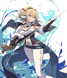  bare_shoulders black_gloves blonde_hair blue_capelet blue_eyes bow breasts capelet cleavage coattails cross cross_earrings detached_collar detached_sleeves earrings eruthika favonius_sword_(genshin_impact) female genshin_impact gloves hair_between_eyes hairbow high_ponytail highres holding holding_sword holding_weapon jean_(genshin_impact) jewelry large_breasts multicolored_capelet open_mouth pants solo standing sword tight_clothes tight_pants weapon white_background white_pants 