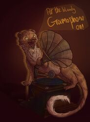  brown_body brown_fur english_text feral fur gef_the_talking_mongoose ghost gramophone herpestid hi_res ink_(artist) male mammal mongoose red_background simple_background solo speech_bubble spirit teeth text whiskers 