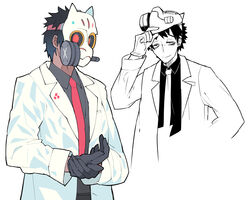  1boy black_gloves black_hair closed_mouth coat gas_mask gloves gradient_hair half-closed_eyes hand_on_mask highres kometsubu lab_coat male_focus mask mask_lift multicolored_hair necktie original red_necktie simple_background smile white_background white_coat 