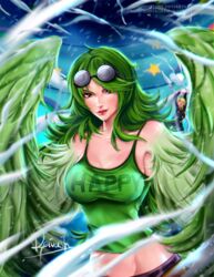  1boy artist_name bare_shoulders blonde_hair breasts clothes_writing coke-bottle_glasses crop_top english_commentary english_text eyewear_on_head feathered_wings feathers female glasses green_hair green_tank_top green_wings harpy heart heart-shaped_eyes javier_estrada long_hair midriff monet_(one_piece) monster_girl one_piece realistic sanji_(one_piece) short_hair size_difference smile star_(symbol) tank_top web_address winged_arms wings yellow_eyes 