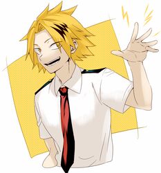  1boy blonde_hair boku_no_hero_academia border collared_shirt eyes_visible_through_hair kaminari_denki male_focus maneki-neko_(fujifuji) necktie open_mouth outside_border red_necktie school_uniform shirt smile solo u.a._school_uniform upper_body white_border white_shirt yellow_background 