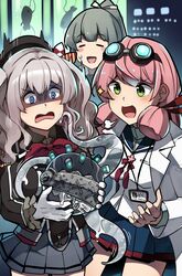  3girls =_= abyssal_ship akashi_(kancolle) beret black_headwear black_jacket black_skirt blue_eyes blue_sailor_collar blue_shirt blue_skirt blunt_bangs blush blush_stickers collared_shirt commentary_request cowboy_shot enemy_naval_mine_(kancolle) epaulettes eyewear_on_head gloves green_eyes green_hair grey_hair grey_shirt hair_ribbon hat highres i-class_destroyer id_card ido_(teketeke) jacket jpeg_artifacts kantai_collection kashima_(kancolle) lab_coat long_hair long_sleeves military military_uniform multiple_girls neckerchief open_mouth pink_hair pleated_skirt ponytail red_neckerchief red_ribbon ribbon sailor_collar school_uniform serafuku shaded_face shirt short_hair skirt smile sparkle translated tress_ribbon two_side_up unfinished uniform white_gloves yuubari_(kancolle) 