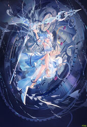  :3 :d anklet arm_up atdan bangs bare_legs barefoot barefoot_sandals blue_dress blue_eyes blue_hair breasts clock dress feet female fish gears hair_between_eyes haiyi highres jellyfish jellyfish_hair_ornament jewelry legs looking_at_viewer open_mouth short_hair smile solo strapless strapless_dress synthesizer_v toe_ring 