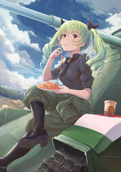  anchovy_(girls_und_panzer) anzio_(emblem) anzio_military_uniform black_necktie black_ribbon black_shirt blush boots carro_armato_p40 carro_veloce_cv-33 clothes_around_waist cloud collared_shirt commentary_request cup disposable_cup drill_hair eating emblem female food fork girls_und_panzer green_hair hair_ribbon highres italian_flag jacket jacket_around_waist long_hair looking_at_viewer military military_vehicle misashi_(raichi821) motor_vehicle napolitan necktie outdoors pants pants_tucked_in pasta plate red_eyes ribbon shirt sitting sky sleeves_rolled_up solo spaghetti tank twin_drills twintails 