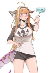  absurdres adidas ahoge alternate_costume black_hairband black_shorts blonde_hair blunt_bangs blush bow braid casual collarbone cropped_legs diagonal-striped_bow diagonal_stripes dragon_girl dragon_horns dragon_tail electric_razor english_commentary english_text female gym_shorts hairband hand_on_own_hip hand_up highres holding hololive horn_bow horn_ornament horns kiryu_coco logo long_hair looking_at_object multicolored_eyes multicolored_hair oerba_yun_fang orange_hair pointy_ears purple_eyes raglan_sleeves red_eyes scales shirt shorts simple_background single_braid skin_fang sleeves_rolled_up slit_pupils solo streaked_hair striped sweat tail very_long_hair virtual_youtuber white_background xiaoju_xiaojie 