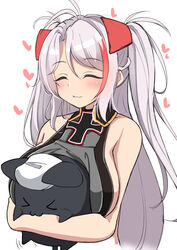  &gt;_&lt; :3 ^_^ absurdres animal animal_hug azur_lane bare_shoulders black_cat breasts closed_eyes closed_mouth commentary_request cropped_torso feline female headgear heart highres large_breasts light_purple_hair long_hair meowfficer_(azur_lane) moyoron multicolored_hair prinz_eugen_(azur_lane) red_hair sideboob simple_background two-tone_hair upper_body white_background 