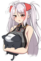  &gt;_&lt; +++ :3 absurdres animal animal_hug azur_lane bare_shoulders black_cat breasts brown_eyes commentary_request cropped_torso feline female headgear highres large_breasts light_purple_hair long_hair meowfficer_(azur_lane) moyoron multicolored_hair prinz_eugen_(azur_lane) red_hair sideboob simple_background two-tone_hair upper_body white_background 