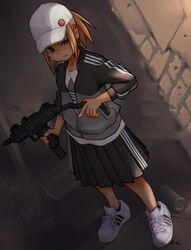  adidas baseball_cap blonde_hair commentary dutch_angle female folding_stock gun hat holding holding_gun holding_weapon jacket mini_uzi original pleated_skirt ponytail shirt shoes skirt sneakers solo submachine_gun t-shirt tessaku_ro track_jacket uzi weapon 