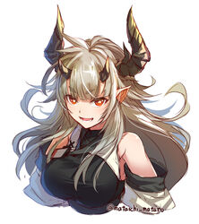  arknights breasts cropped_torso detached_sleeves female grey_hair horns large_breasts long_hair mataichi_mataro matoimaru_(arknights) pointy_ears red_eyes twitter_username upper_body white_background 