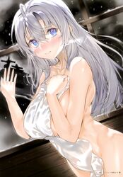  absurdres ahoge blue_eyes blush breasts breath closed_mouth collarbone covering_privates dutch_angle female grey_hair hand_on_glass hand_up highres holding kou_mashiro large_breasts lips long_hair looking_at_viewer looking_to_the_side mole mole_under_mouth nose_blush nude_cover original page_number scan shiny_skin sideways_glance snow snowing solo thighs towel upper_body window 