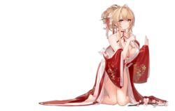  azur_lane bare_shoulders barefoot blonde_hair blue_eyes breasts chinese_clothes cleavage cleavage_cutout clothing_cutout detached_sleeves dress female flower glorious_(azur_lane) glorious_(pungent_plum)_(azur_lane) hair_flower hair_ornament hair_stick highres kincora kneeling large_breasts looking_at_viewer neck_ribbon official_alternate_costume official_art red_dress ribbon tied_hair transparent_background wide_sleeves 