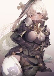  absurdres armor armored_boots asymmetrical_clothes blush bodysuit boots breastplate breasts covered_navel evaiyu fate/grand_order fate_(series) female gauntlets green_hair grey_bodysuit grey_eyes hair_between_eyes hair_ornament hairpin high_collar highleg highres huyan_zhuo_(fate) huyan_zhuo_(second_ascension)_(fate) large_breasts long_hair looking_at_viewer multicolored_hair pauldrons shoulder_armor single_pantsleg solo streaked_hair thick_thighs thighs very_long_hair white_hair 