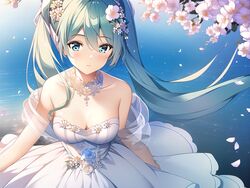  ai-generated bare_shoulders blue_eyes blue_hair breasts chinese_commentary choker cleavage collarbone commentary_request dress female floating_hair flower hair_between_eyes hair_flower hair_ornament hair_ribbon haruka_poi hatsune_miku highres layered_dress long_dress long_hair medium_breasts open_mouth petals ribbon sash solo standing strapless strapless_dress twintails very_long_hair vocaloid wedding_dress white_choker white_dress white_flower white_ribbon 